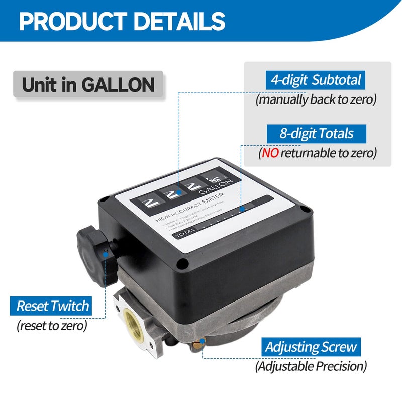 TUNTROL 1 Inch NPT Mechanical Gallon Fuel Flow Meter for Disel Fuel Tank Transfer Pumps, Aluminum 7-20 GPM 4-Digital Batch Display - Image 3